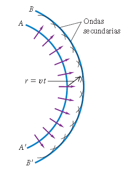 Figura 7. Aplicación del principio de Huygens al frente de onda AA’ para construir un nuevo frente de onda BB’.